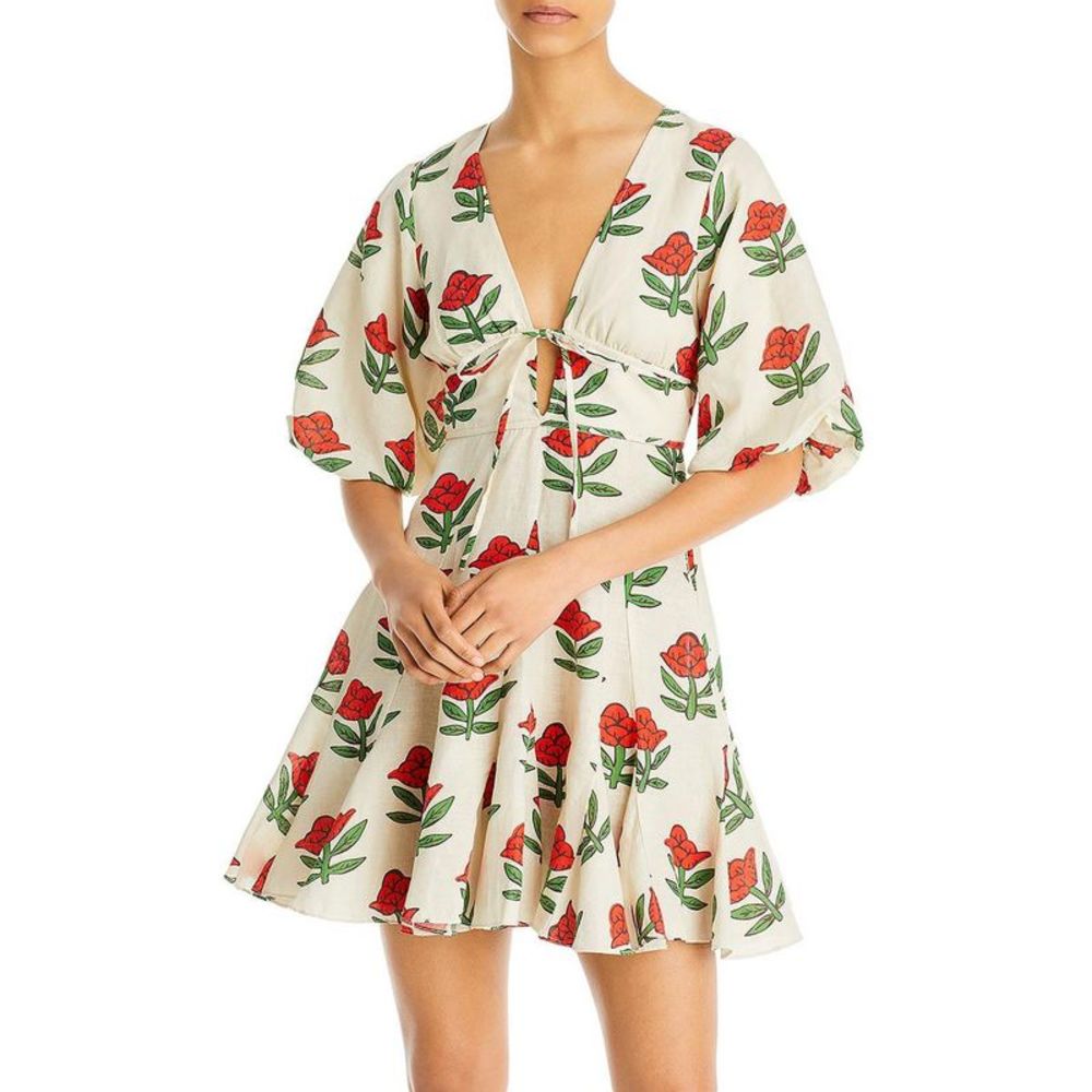 RHODE Cream Mini Dress with Red Rose Print
